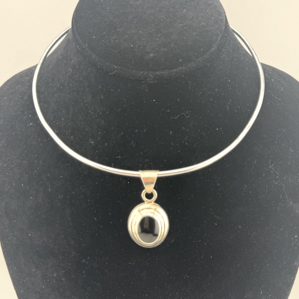 Sterling Silver and Onyx Sterling Pendant and Collar Necklace